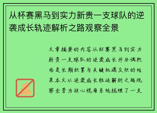 从杯赛黑马到实力新贵一支球队的逆袭成长轨迹解析之路观察全景